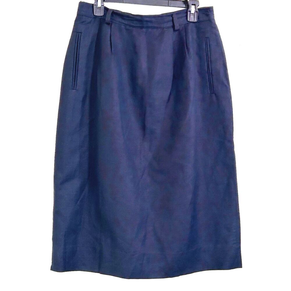 Womens Lands End Vintage Skirt Navy Blue Linen Cotton Skirt Size 14 Knee Length